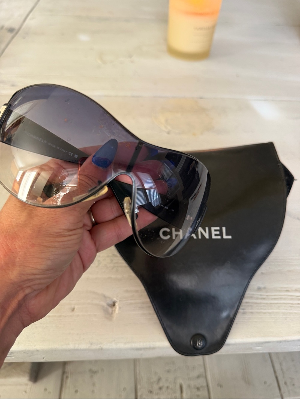 CHANEL Shield Sunglasses with Smoke Gradient Lenses and Gold Accents